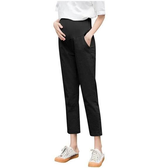 Hinvhai Women's Maternity Pants for Work Over-Bump Pregnancy Casual Stretchy Straight Dress Pants Black L(L)