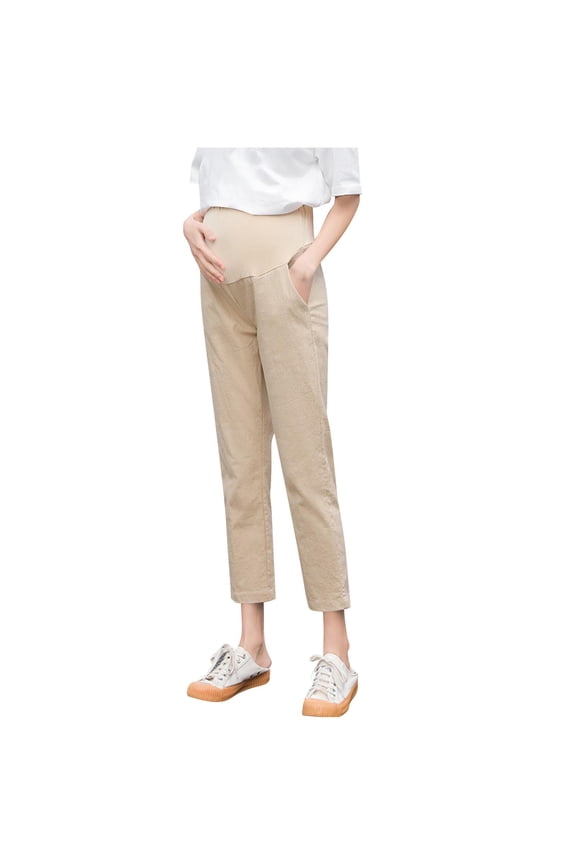 Women's Maternity Pants for Work Over-Bump Pregnancy Casual Stretchy Straight Dress Pants Khaki L(L)