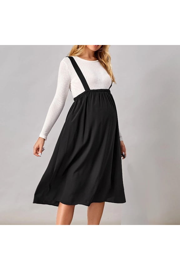 Women's Maternity Suspender Dress ,Classic Sleeveless Solid Color Overall Dress Pregnancy Detachable Suspender Mini Skirts Black L(L)