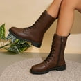 thumbnail image 1 of Hinvhai Women's Mid Calf Combat Boots Lace-up Elastic Chunky Platform Boot with Side Zipper Brown 7(39), 1 of 9