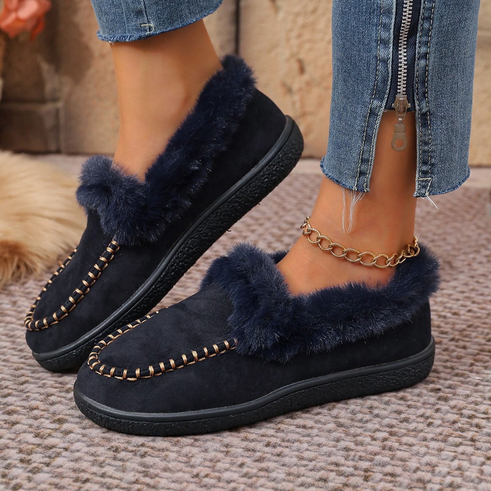 Hinvhai Women's Moccasin Slippers Fuzzy House Shoes Fluffy Home Warm ...