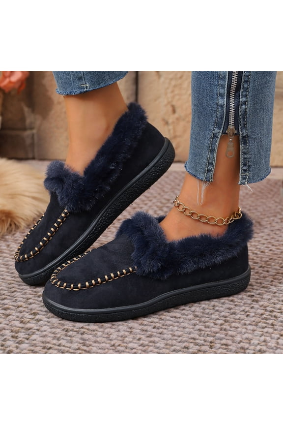Women's Moccasin Slippers Fuzzy House Shoes Fluffy Home Warm Memory Foam Indoor Outdoor Dark Blue 7(39)