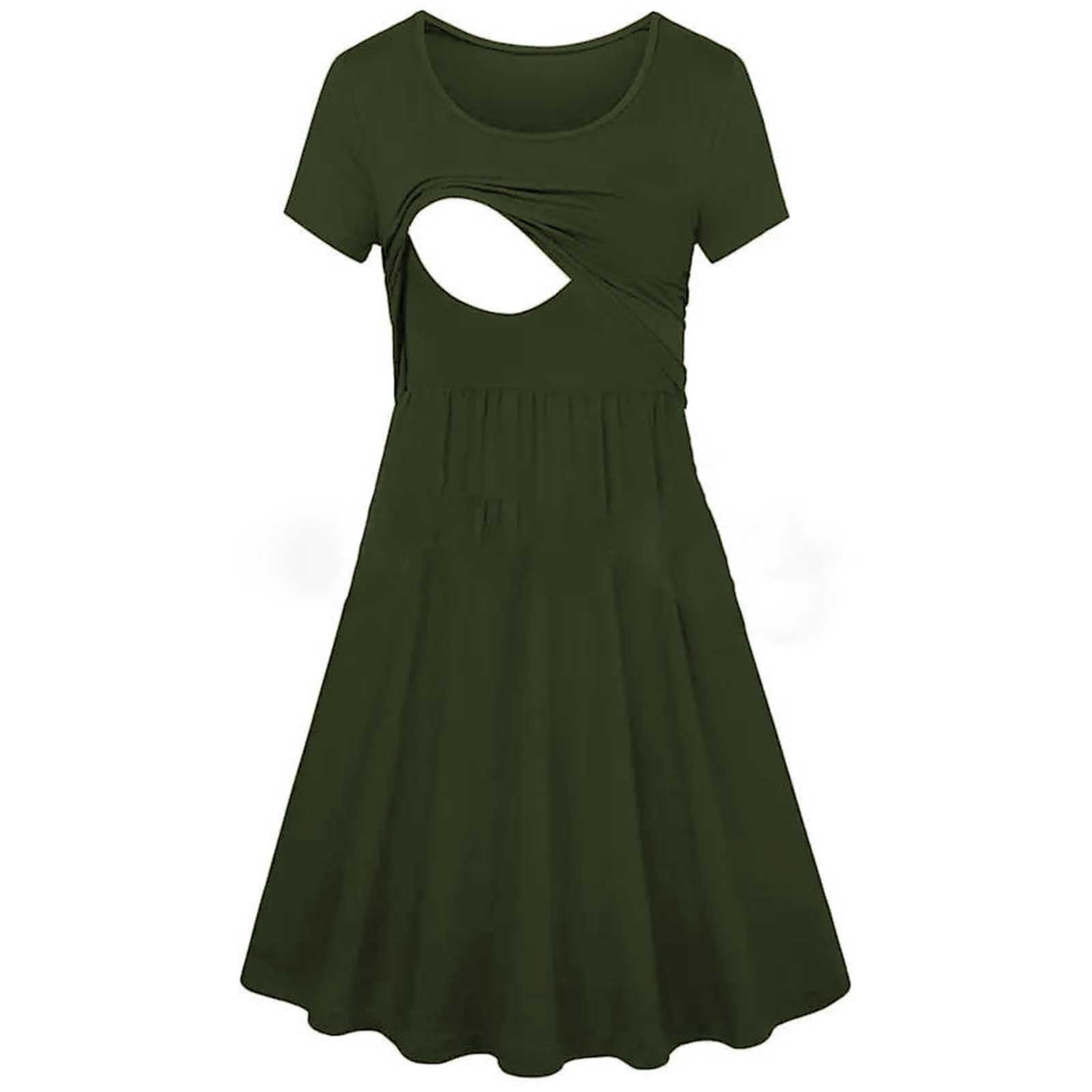 green breastfeeding dress Maternity Midi Dress with Double-Layer Front and Ribbed Fabric main image 1