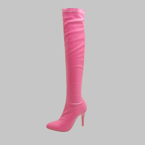 Hinvhai Women's Patent Leather PU Thigh High Boots ,Fashion Classic Pointy Toe Side Zippe Comfy Sexy Stiletto High Heel Over the Knee Boots Hot Pink 8.5(41)