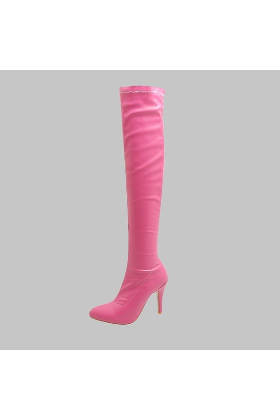 Women's Patent Leather PU Thigh High Boots ,Fashion Classic Pointy Toe Side Zippe Comfy Sexy Stiletto High Heel Over the Knee Boots Hot Pink 9.5(43)