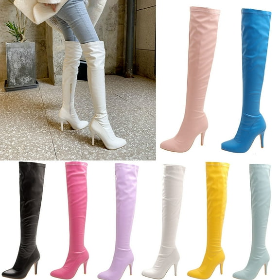 Hinvhai Women's Patent Leather PU Thigh High Boots ,Fashion Classic Pointy Toe Side Zippe Comfy Sexy Stiletto High Heel Over the Knee Boots Yellow 9.5(43)