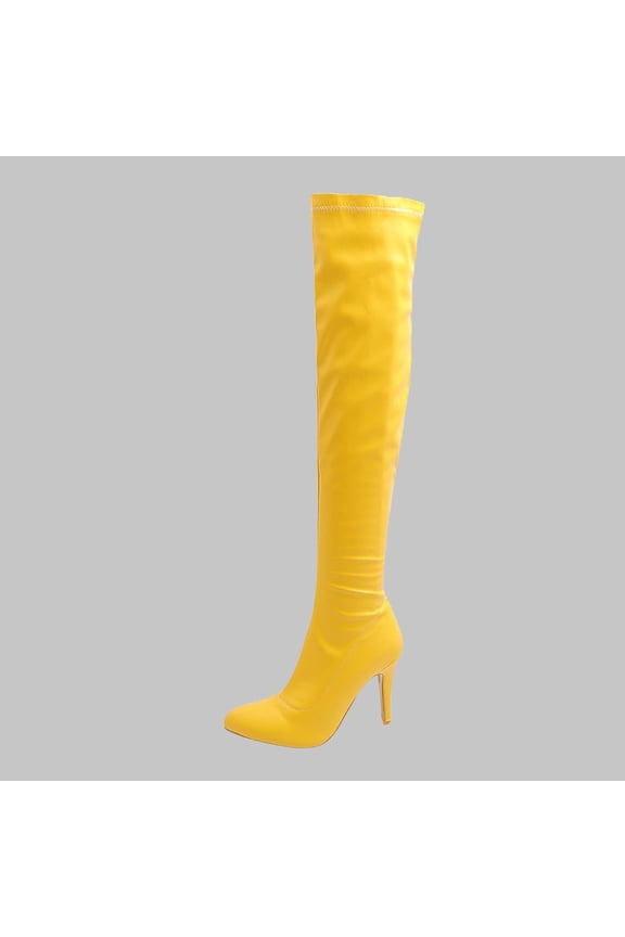 Women's Patent Leather PU Thigh High Boots ,Fashion Classic Pointy Toe Side Zippe Comfy Sexy Stiletto High Heel Over the Knee Boots Yellow 9(42)