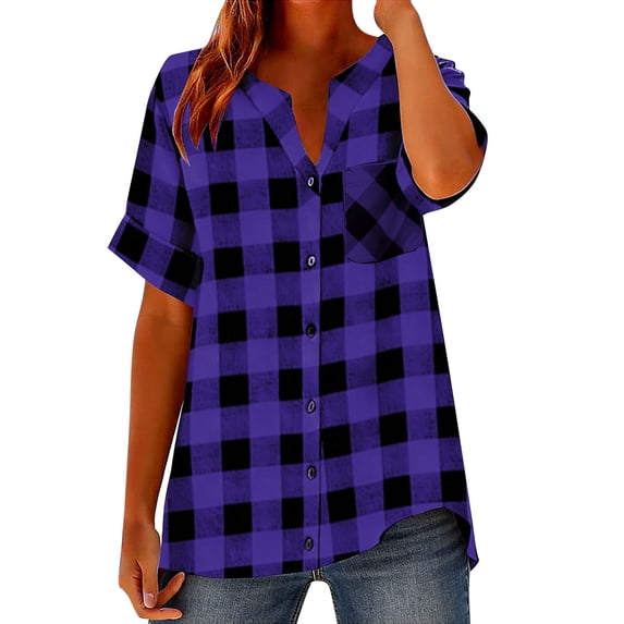 Hinvhai Women's Plaid Button Down Shirts Cotton Short Sleeve office Casual Business Blouses with Pocket Purple S(S)