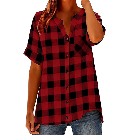 Hinvhai Women's Plaid Button Down Shirts Cotton Short Sleeve office Casual Business Blouses with Pocket Red XXXXXL(XXXXXL)
