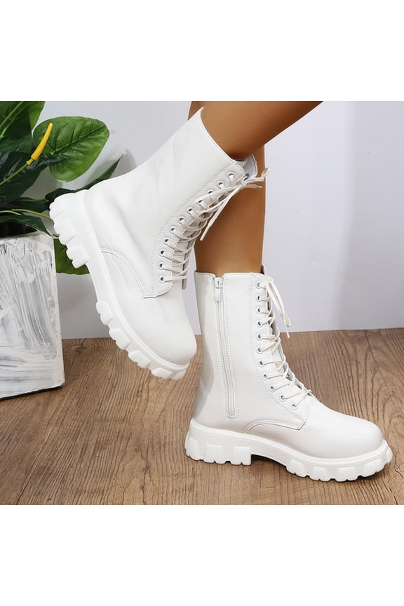 Women's Platform Chelsea Combat Boots Lace up Mid Calf Knight Boots Low Heel Platform Ankle Boots White 6(37)