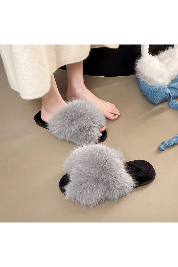 Women's Plush Slides Fluffy Open Toe Slippers Fuzzy Non-Slip Outdoor Sandals Gray 5.5(36)