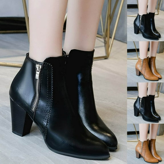 Hinvhai Women's Pointed Toe Chunky High Heel Ankle Boots Fashion Zipper Chelsea Booties Dressy Short Boot Brown 9.5(43)