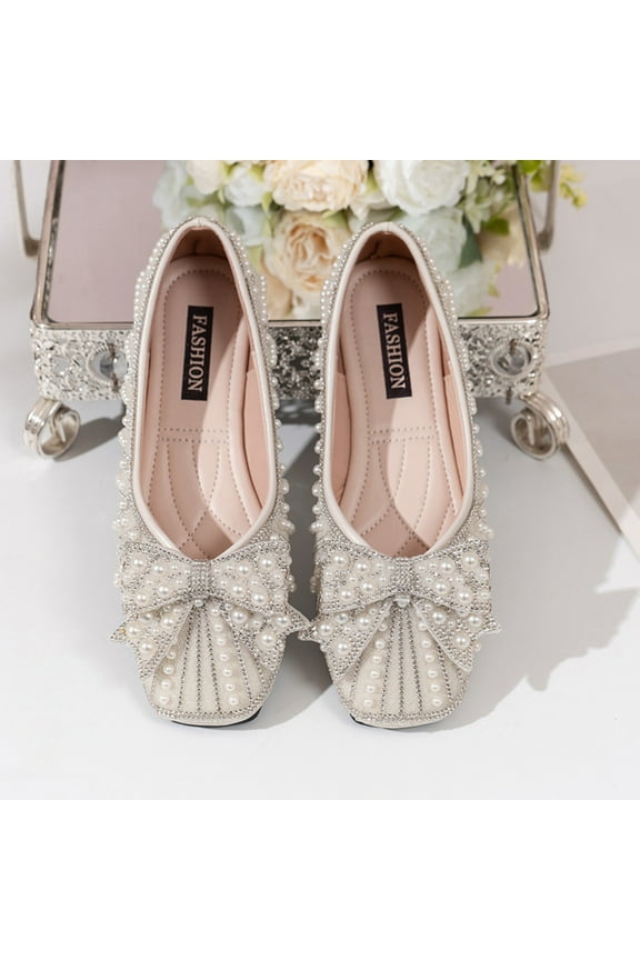 Women's Round Toe Rhinestone Flat Shoes Clearance,Fashion Bow Pearl Glitter Flowers Wedding Comfortable Dress Shoes White 7.5(40)