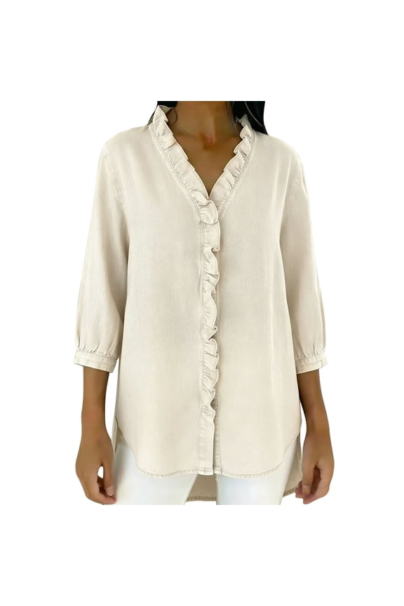 Women's Ruffled V Neck Top 3/4 Sleeve Denim Look Blouse Casual Button Front Shirt with Hidden Button Placket Beige XXXL(XXXL)