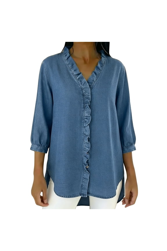 Women's Ruffled V Neck Top 3/4 Sleeve Denim Look Blouse Casual Button Front Shirt with Hidden Button Placket Blue S(S)
