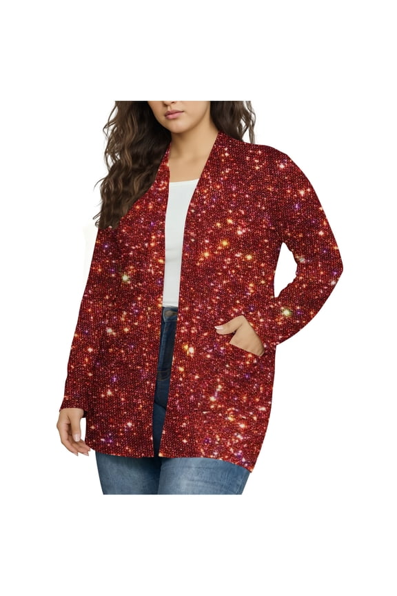 Women's Sequin Jacket Open Front Long Sleeve Blazers Party Sparkly Cardigan Coat for Club Festival Red XXL(XXL)
