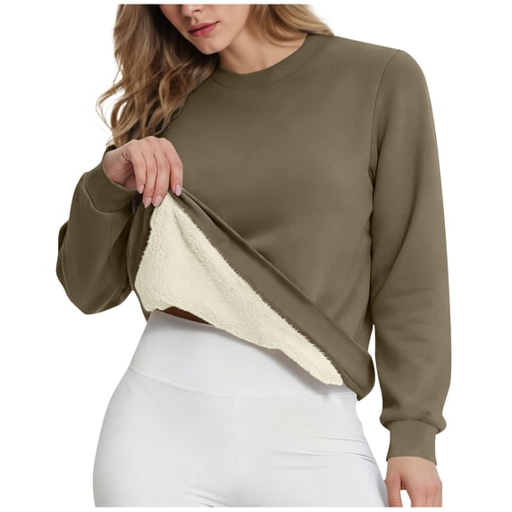 Hinvhai Women's Sherpa Lined Sweatshirts thermal Casual Crewneck Fleece Pullover Winter Warm Thick Tops Coffee M(M)