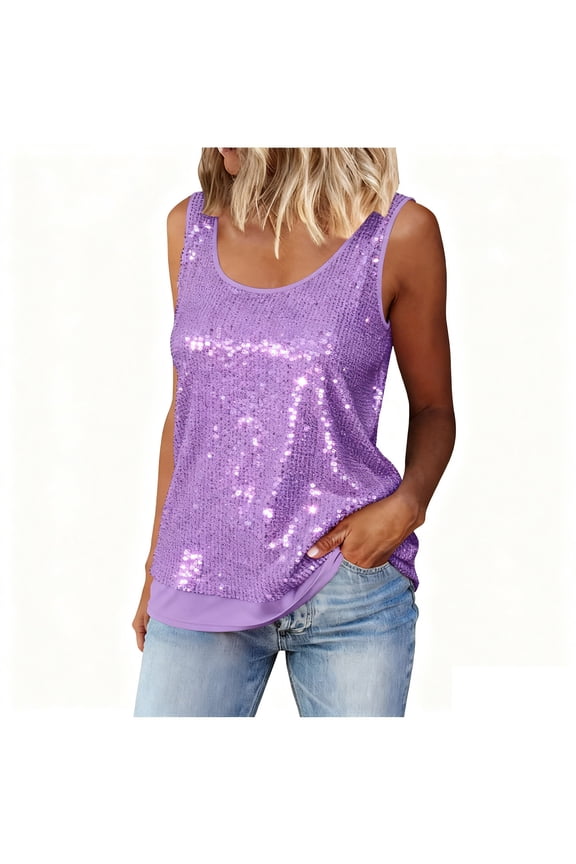 Women's Sleeveless Sparkle Shimmer Camisole Vest Glitter Sequin Tank Tops Purple S(S)