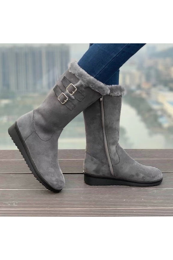 Women's Snow Boots Suede Mid Calf Boots with Side Zipper Water Resistant Winter Boots Gray 7(39)