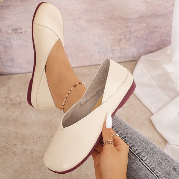 Hinvhai Women's Soft Leather Round Toe Slip On Vintage Pumps Comfortable Walking Driving Soft Flats Shoes Beige 8.5(41)