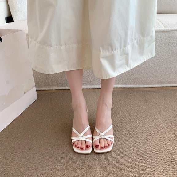 Hinvhai Women's Square Open Toe Strappy Kitten Heels Slip On Knotted Heels Backless Mid Heeled Sandals for Party Dress Casual White 7(39)