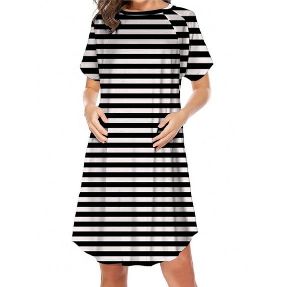 Hinvhai Women's Striped Nursing Dress Short Sleeve Hidden Zipper Maternity Breastfeeding Dress Black M(M)