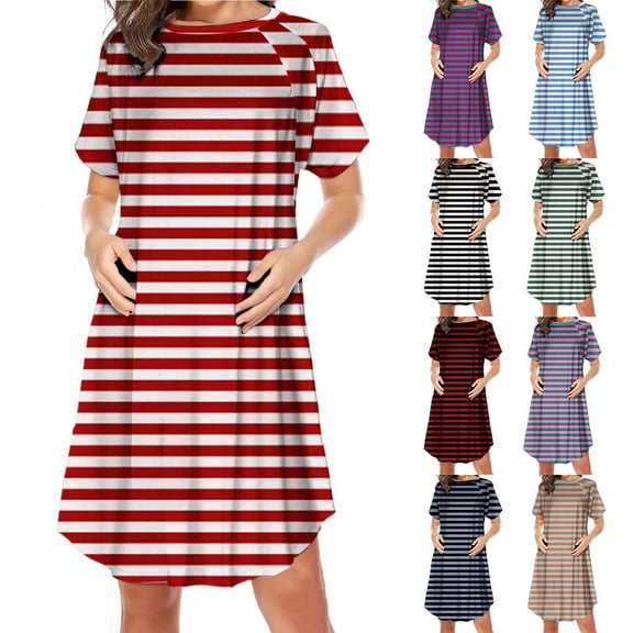 Hinvhai Women's Striped Nursing Dress Short Sleeve Hidden Zipper Maternity Breastfeeding Dress Red XL(XL)