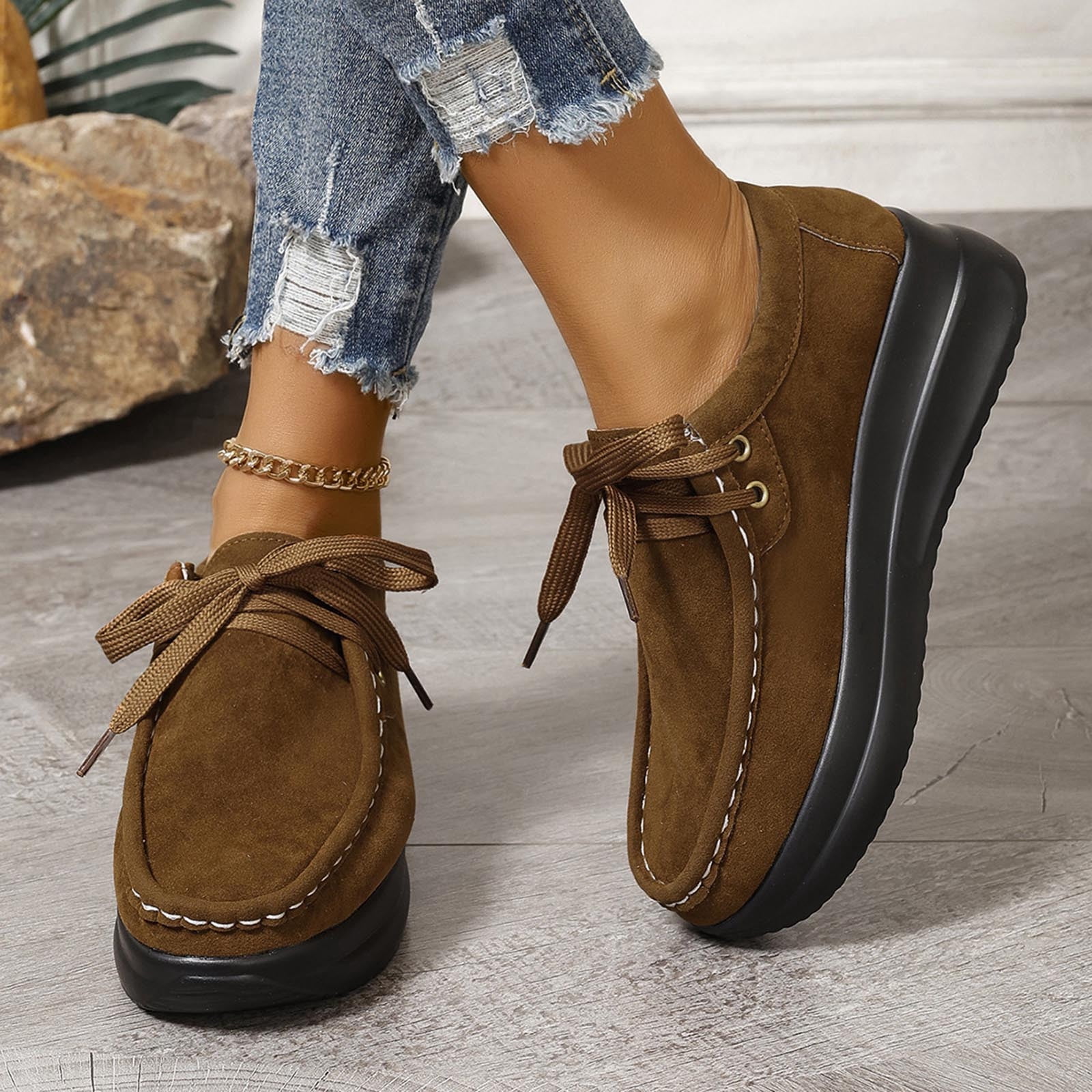Hinvhai Women's Suede Platform Wedge Loafers Moccasin Toe Comfort