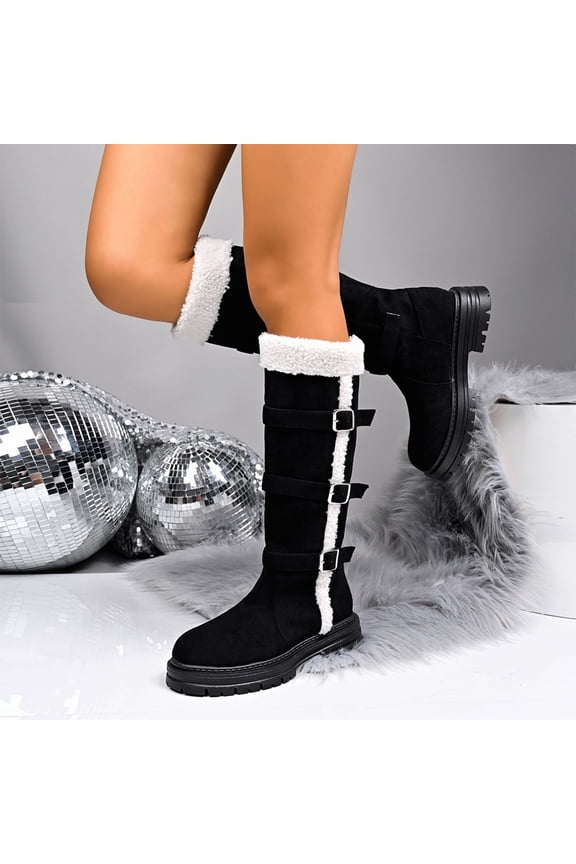 Women's Suede Warm Mid Calf Snow Boots,Metal Buckle Booties Outdoor Anti-Slip Warm Fleece Retro Winter Snow Tall Boots Black 7.5(40)