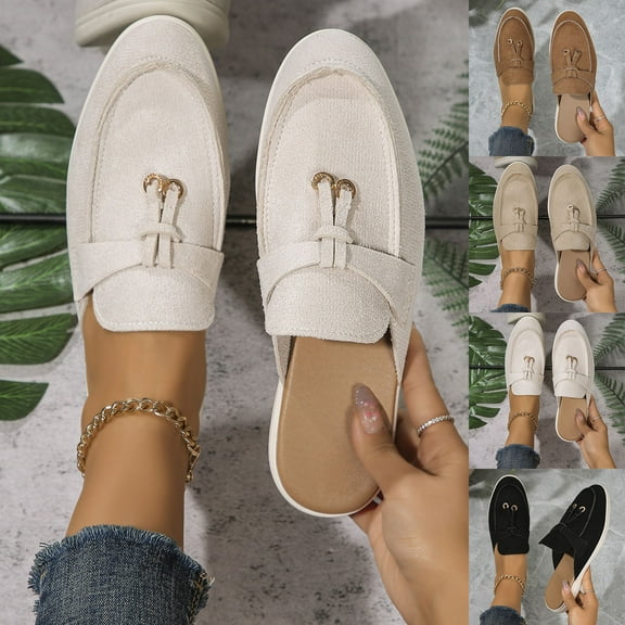 Hinvhai Women’s Tassel Mules Slip On Flats Shoes Slides Backless Loafers Shoes Business Casual Dress Khaki 9(42)