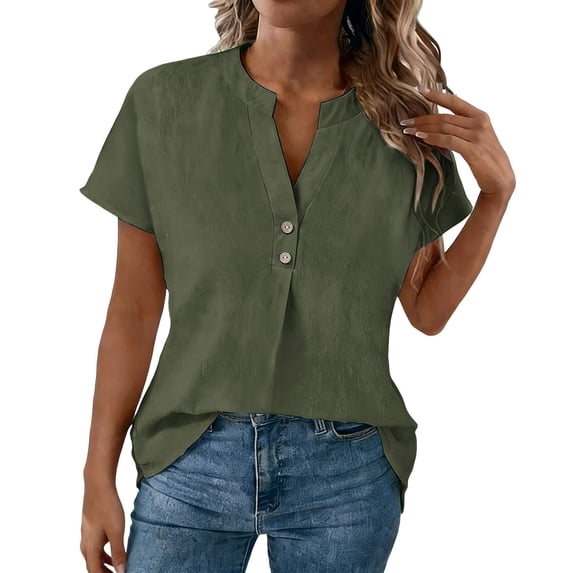 Hinvhai Women's V Neck Short Sleeve Tops Summer Casual Solid Color Cute Loose Fit Button T Shirts Army Green L(L)