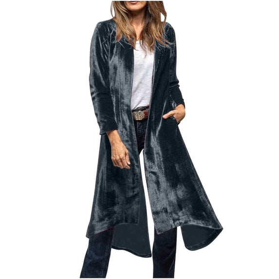 Hinvhai Women's Velvet Open Front Long Trench Coat Elegant Back High Slit Blazer Suit Jacket with Pockets Gray L(L)