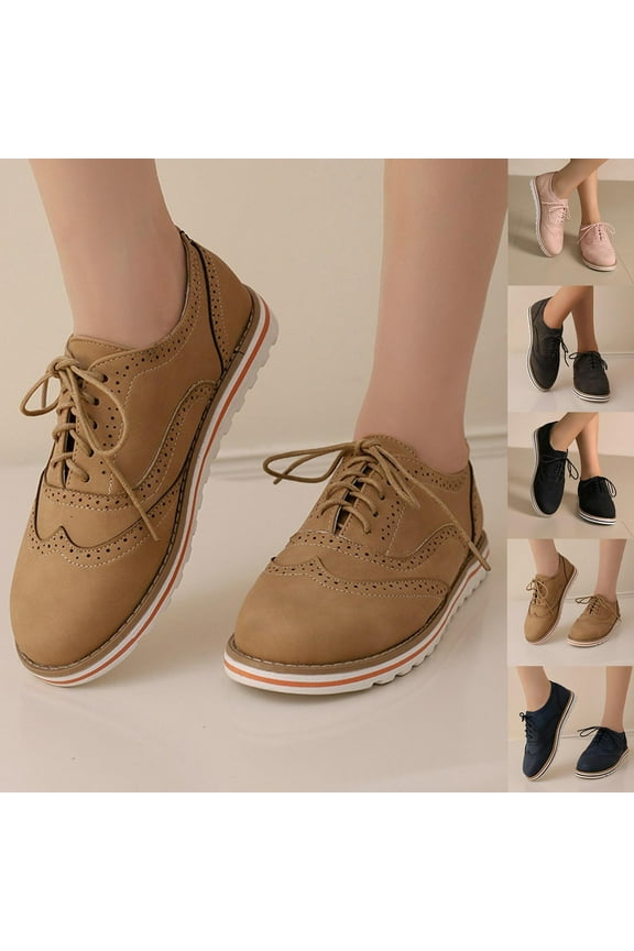 Women's Vintage Flat Heel Shoes ,Fashion Classic Platform Lace-Up Wingtips Solid Color Round Toe Oxfords Shoe Pink 9.5(43)