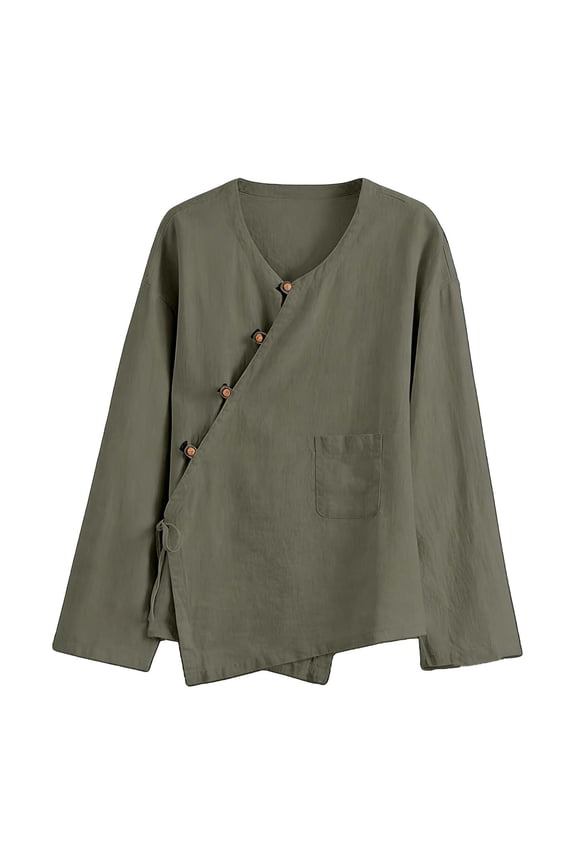 Women's Vintage Knit Cotton Cardigan Chinese Knot Button Asymmetric Wrap Top Summer Boho Open Front Long Sleeve Blouse Army Green XXXXL(XXXXL)