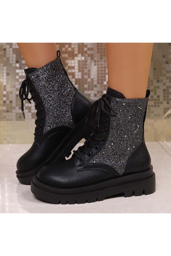 Women's Vintage Platform Ankle Boots, Lace Up Glitter Sequin Combat Boots, Thick Heel Sparkly Ankle Booties Black 9.5(43)