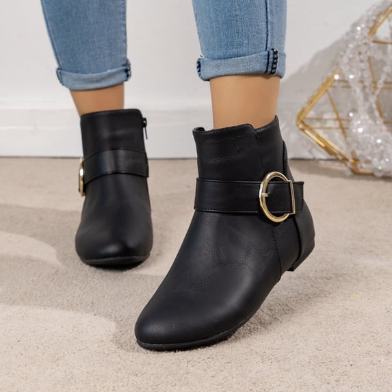 Hinvhai Women's Wide Width Ankle Boots ,Classic Soft Sole Non Slip Flat Heel Short Boots Side Zipper Slouchy Booties Black 9.5(43)