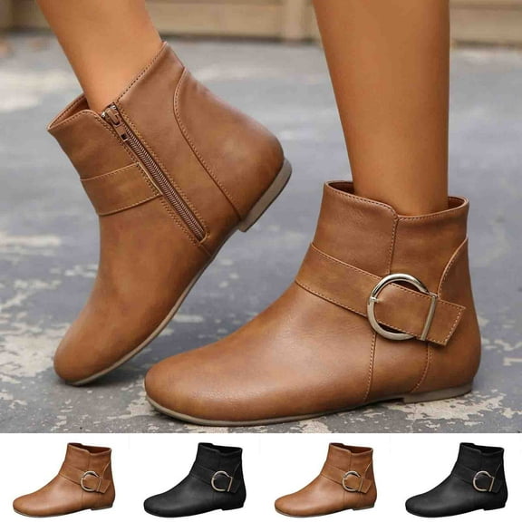 Hinvhai Women's Wide Width Ankle Boots ,Classic Soft Sole Non Slip Flat Heel Short Boots Side Zipper Slouchy Booties Brown 9.5(43)