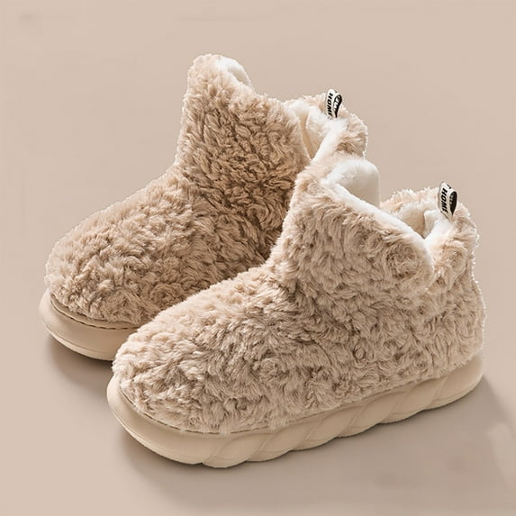 Hinvhai Women's Winter Fashion Soft Warm Bootie,Casual Thick Fluffy Plush Slip-On Booty Slipper, Women's Indoor Outdoor Lovely Solid Color Fleece Booties Khaki 8(38)