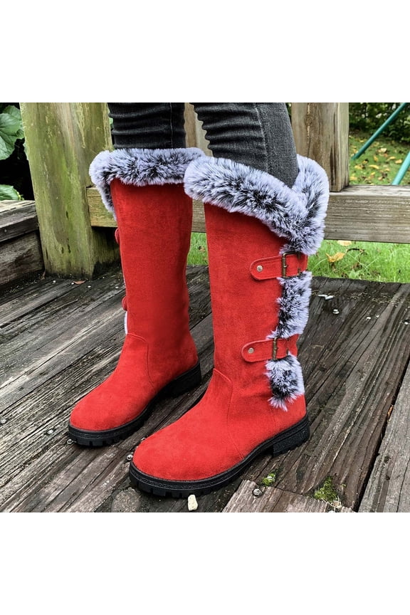 Women's Winter Fleece Snow Boots Waterproof Mid Calf Suede Buckle Slip On Platform Wide Warm Snow Boot Red 8.5(41)