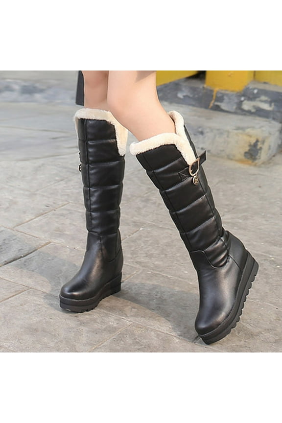Women's Winter Warm Knee High Down Snow Boots,Classic Fashion Waterproof Non Slip Hidden Wedges Platform Boots Black 7.5(40)