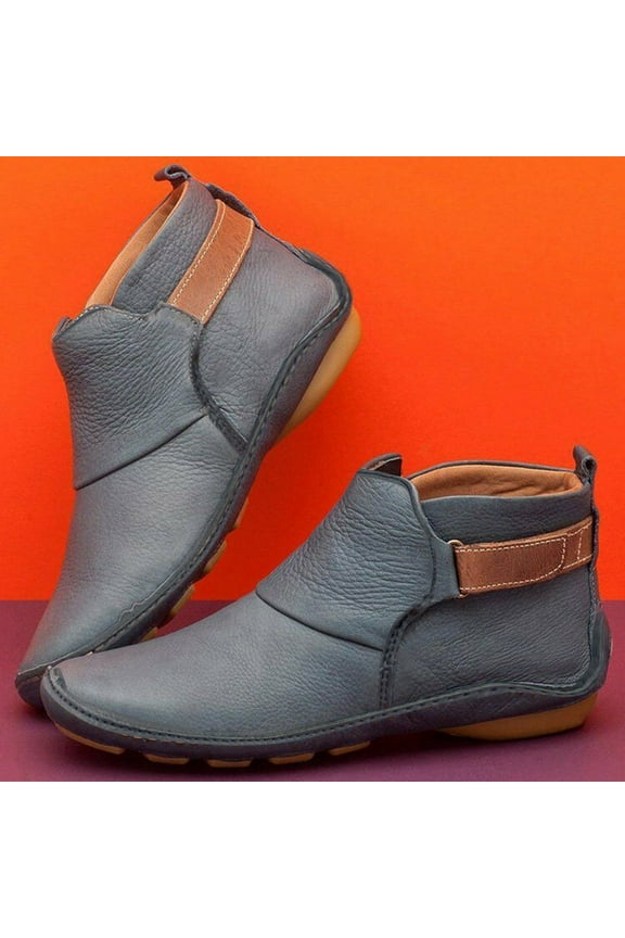 Womens Ankle Boots Fashion Buckle Strap Round Toe Low Wedge Heel Booties Retro Comfortable Casual Non-slip Riding Shoes Blue 6(37)