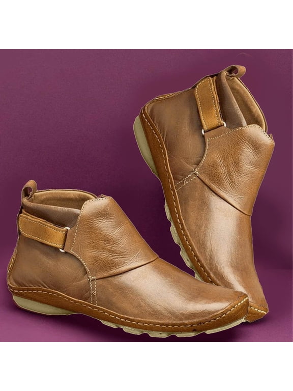 Womens Ankle Boots Clearance Fashion Buckle Strap Round Toe Low Wedge Heel Booties Retro Comfortable Casual Non-slip Riding Shoes Brown 7(39)