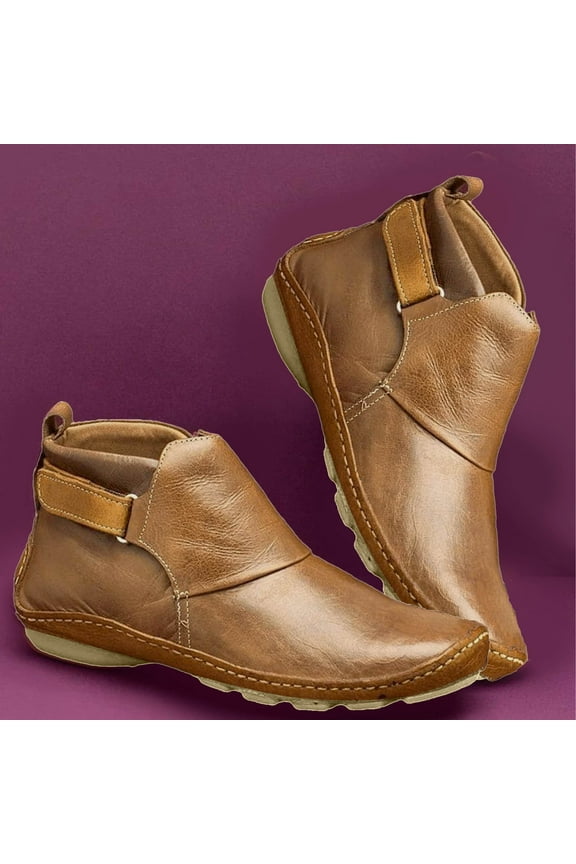 Womens Ankle Boots Clearance Fashion Buckle Strap Round Toe Low Wedge Heel Booties Retro Comfortable Casual Non-slip Riding Shoes Brown 9.5(43)