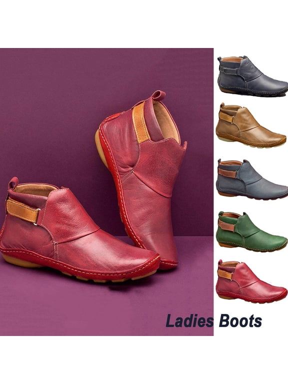 Womens Ankle Boots Clearance Fashion Buckle Strap Round Toe Low Wedge Heel Booties Retro Comfortable Casual Non-slip Riding Shoes Red 9.5(43)