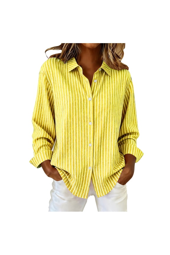 Womens Button Down Shirts Striped Dress Shirt Long Sleeve Collared office Work Blouses Tops Yellow XXL(XXL)