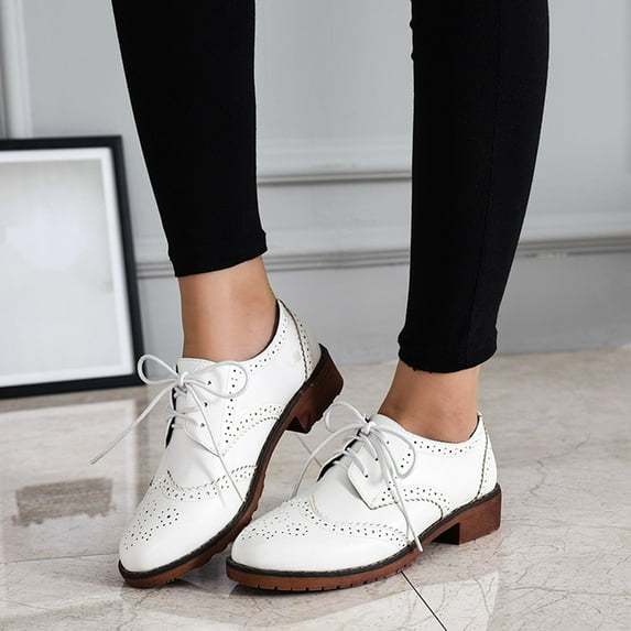 Hinvhai Womens Clearance Leather Flat Oxfords Shoes,Fashion Classic Lace-up Anti-Slip Leather Shoes Vintage Business formal Shoes White 7.5(40)