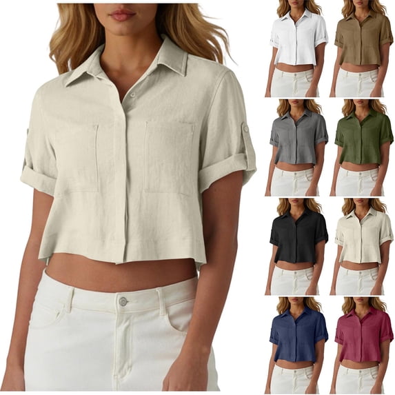 Hinvhai Womens Cotton Linen Summer Short Sleeve Button Down Lapel Collar Shirts Collar Blouses with Pockets White XL(XL)