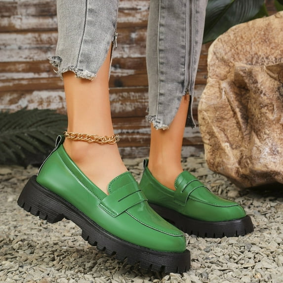 Hinvhai Womens Fashion Classic Chunky Heeled Loafers,Casual Comfort Non Slip Bussiness Dress Shoes for Women Green 7.5(40)