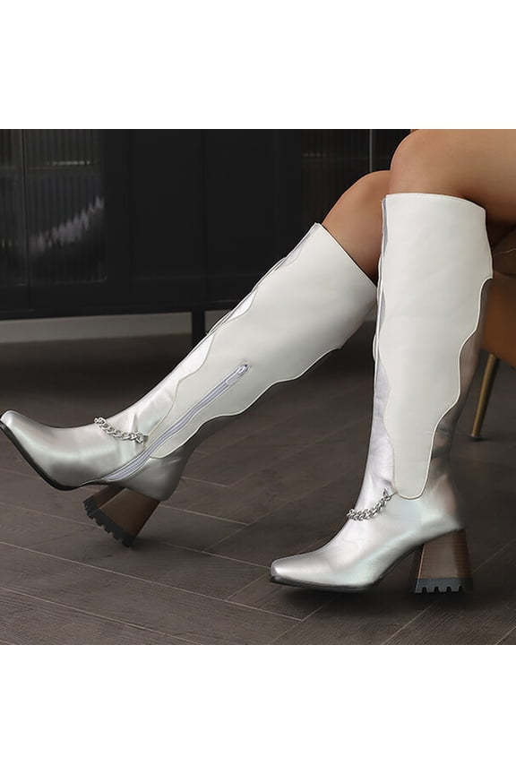 Womens Fashion Knee High Boots ,Classic Square Toe Chunky High Heeled Color Block Boots with Side Zipper Fashion Elastic Tall Boots Silver 7(39)
