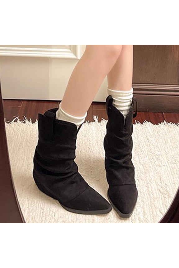 Womens Fashion Solid Colour Simple Round Toe Suede Flat Bottom Sleeve Mid Calf Boots Boots Socks for Women Mid Calf Black 6.5(38)
